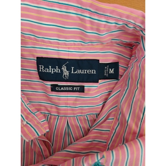 Ralph Lauren Classic Fit Mens Pink Yellow Teal Striped Button Down Shirt Medium - Picture 4 of 8